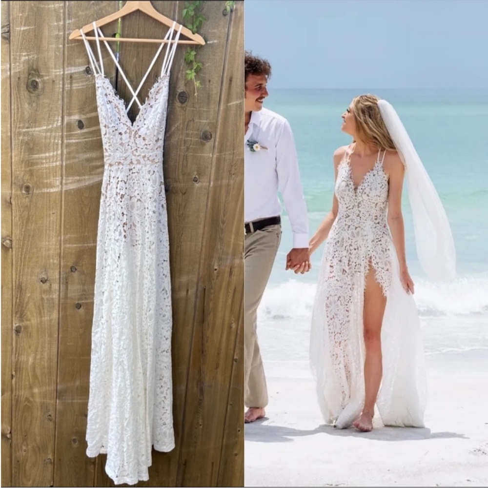 White Lace and Tan Bodysuit Crisscross Backless Maxi Dress 🌿